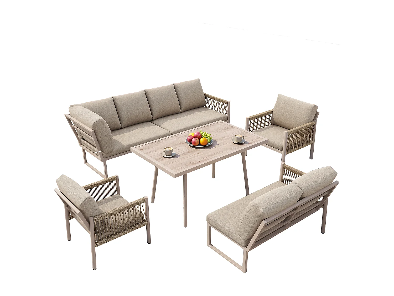 Saloon Ogrodowy Jadalniany w Kształcie L 7-8 Osób - Stół ze Szklanym Blatem w Stylu Drewna, Kanapa i 2 Fotele z Plecionego Sznurka - Stal i Poliester - Beżowy