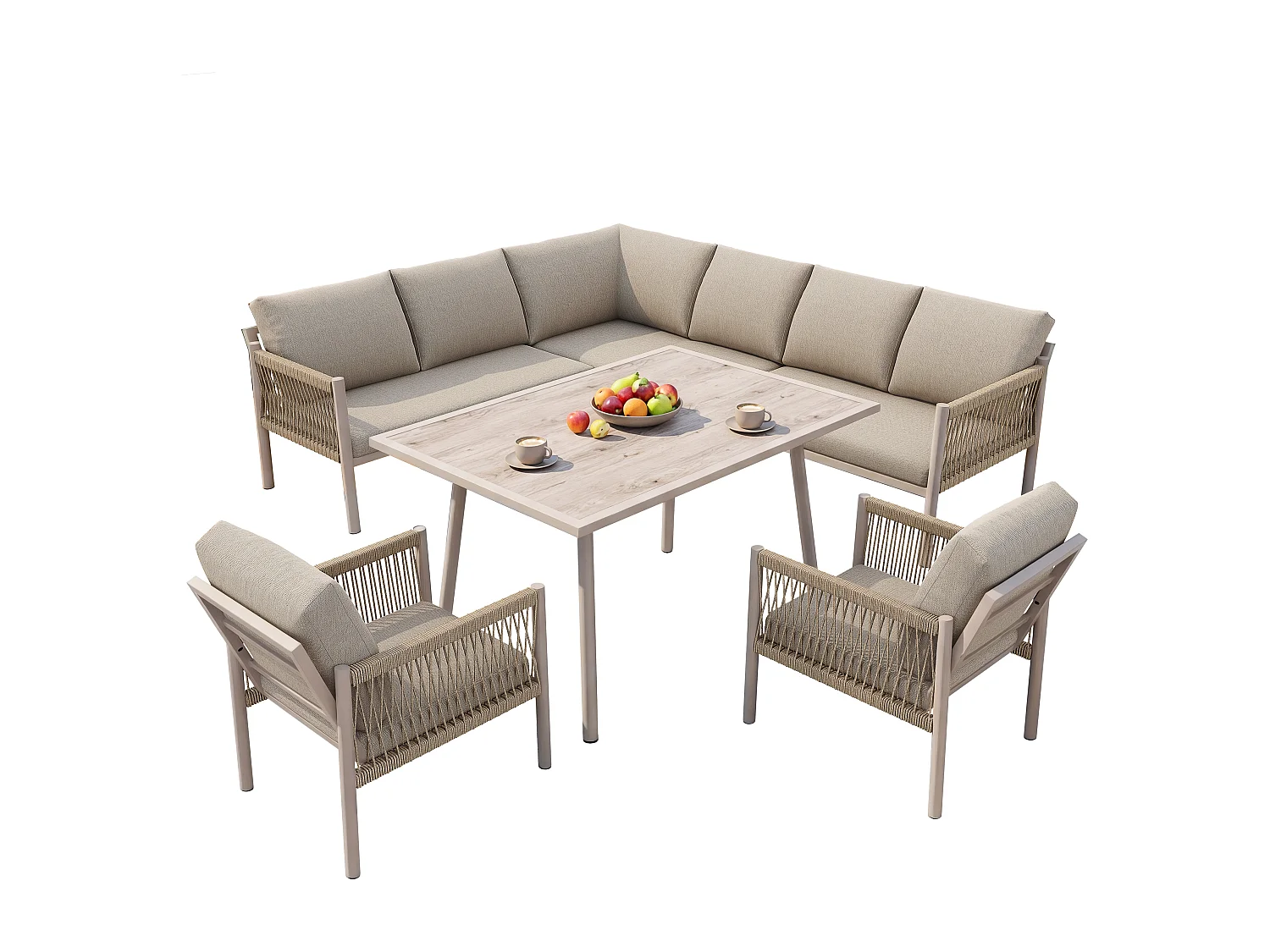Saloon Ogrodowy Jadalniany w Kształcie L 7-8 Osób - Stół ze Szklanym Blatem w Stylu Drewna, Kanapa i 2 Fotele z Plecionego Sznurka - Stal i Poliester - Beżowy