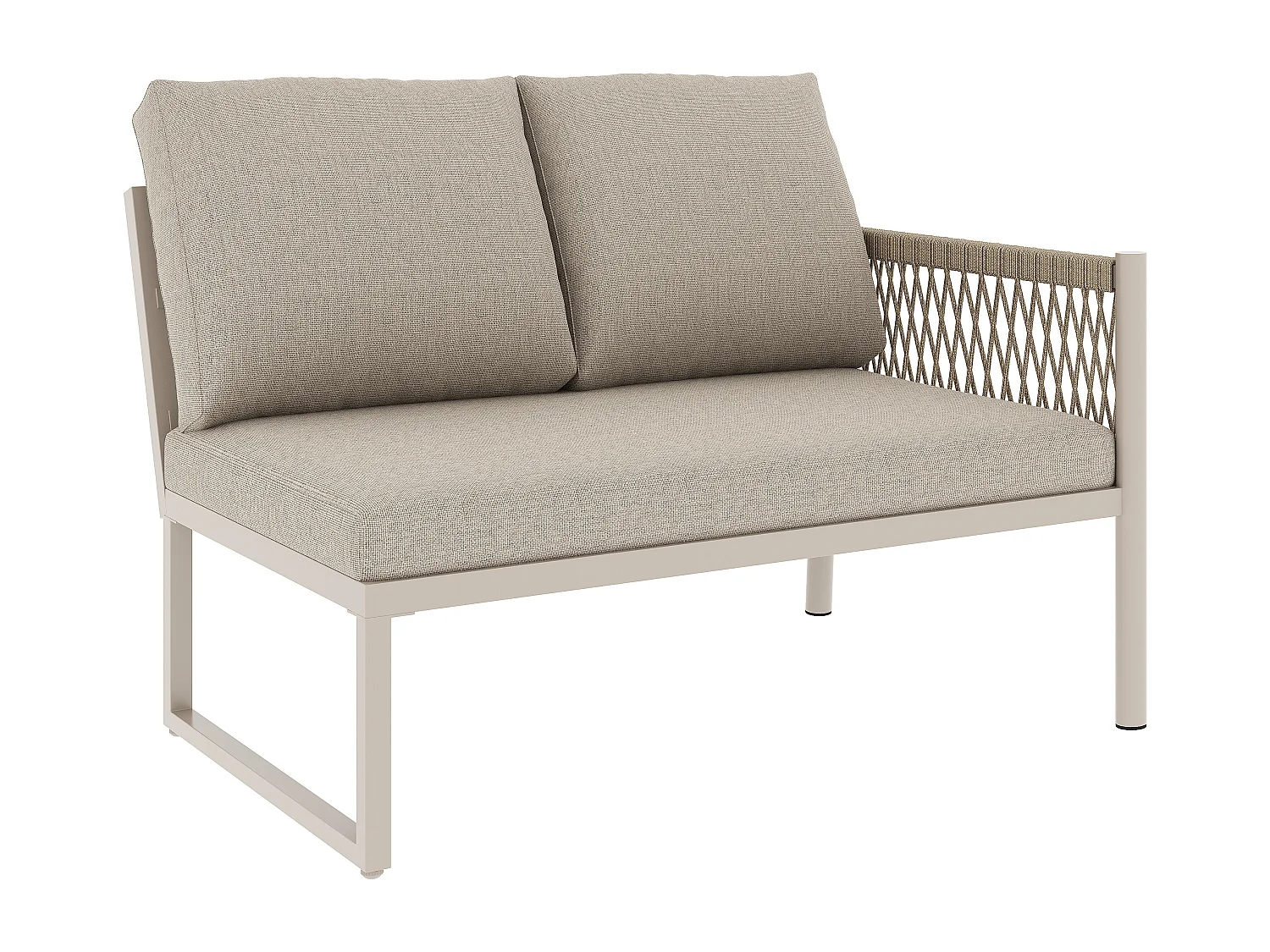 Saloon Ogrodowy Jadalniany w Kształcie L 7-8 Osób - Stół ze Szklanym Blatem w Stylu Drewna, Kanapa i 2 Fotele z Plecionego Sznurka - Stal i Poliester - Beżowy