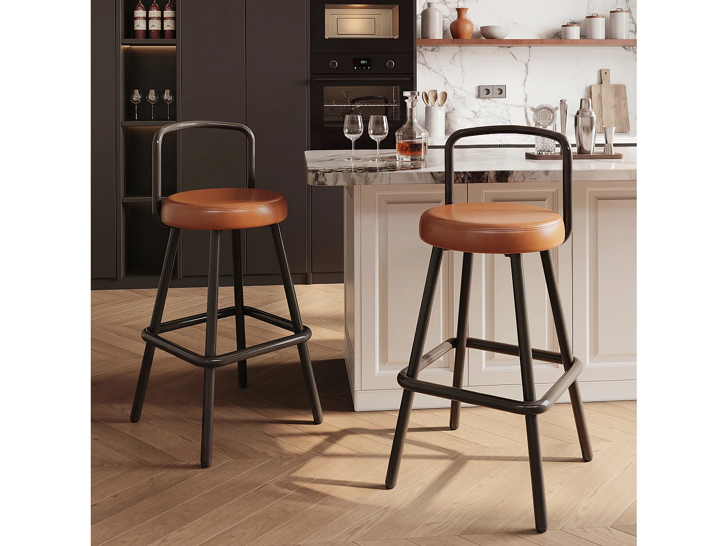 Lot de 2 tabourets de bar rembourrés - cuir PU imperméable - avec dossier et repose-pieds - structure en métal - Style rétro - marron