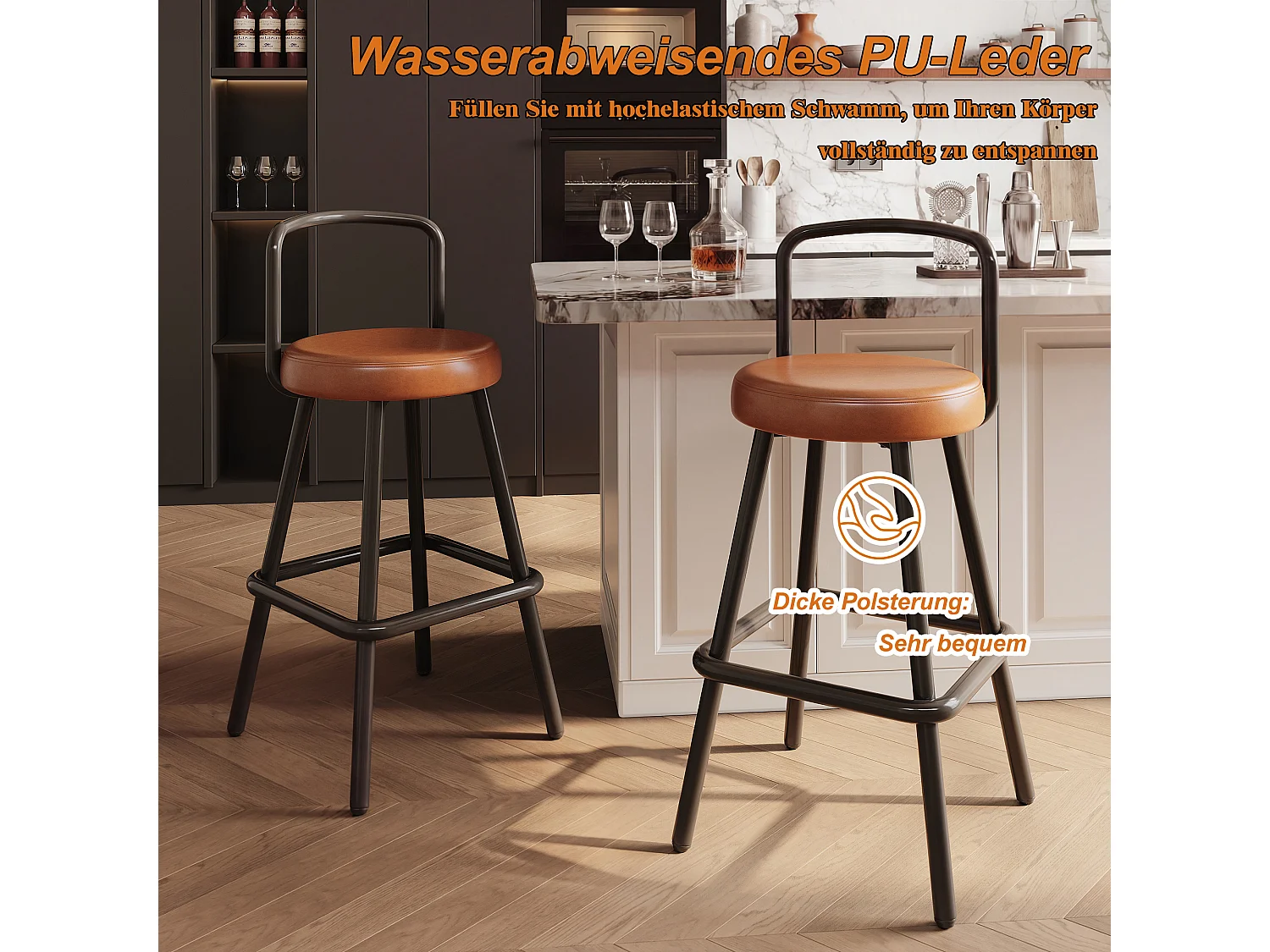 Lot de 2 tabourets de bar rembourrés - cuir PU imperméable - avec dossier et repose-pieds - structure en métal - Style rétro - marron