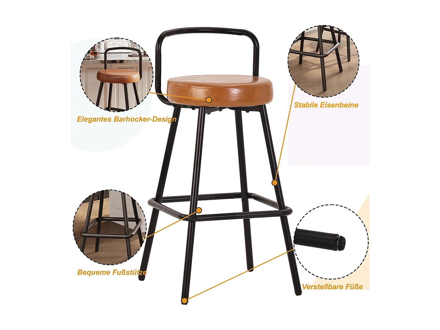 Lot de 2 tabourets de bar rembourrés - cuir PU imperméable - avec dossier et repose-pieds - structure en métal - Style rétro - marron