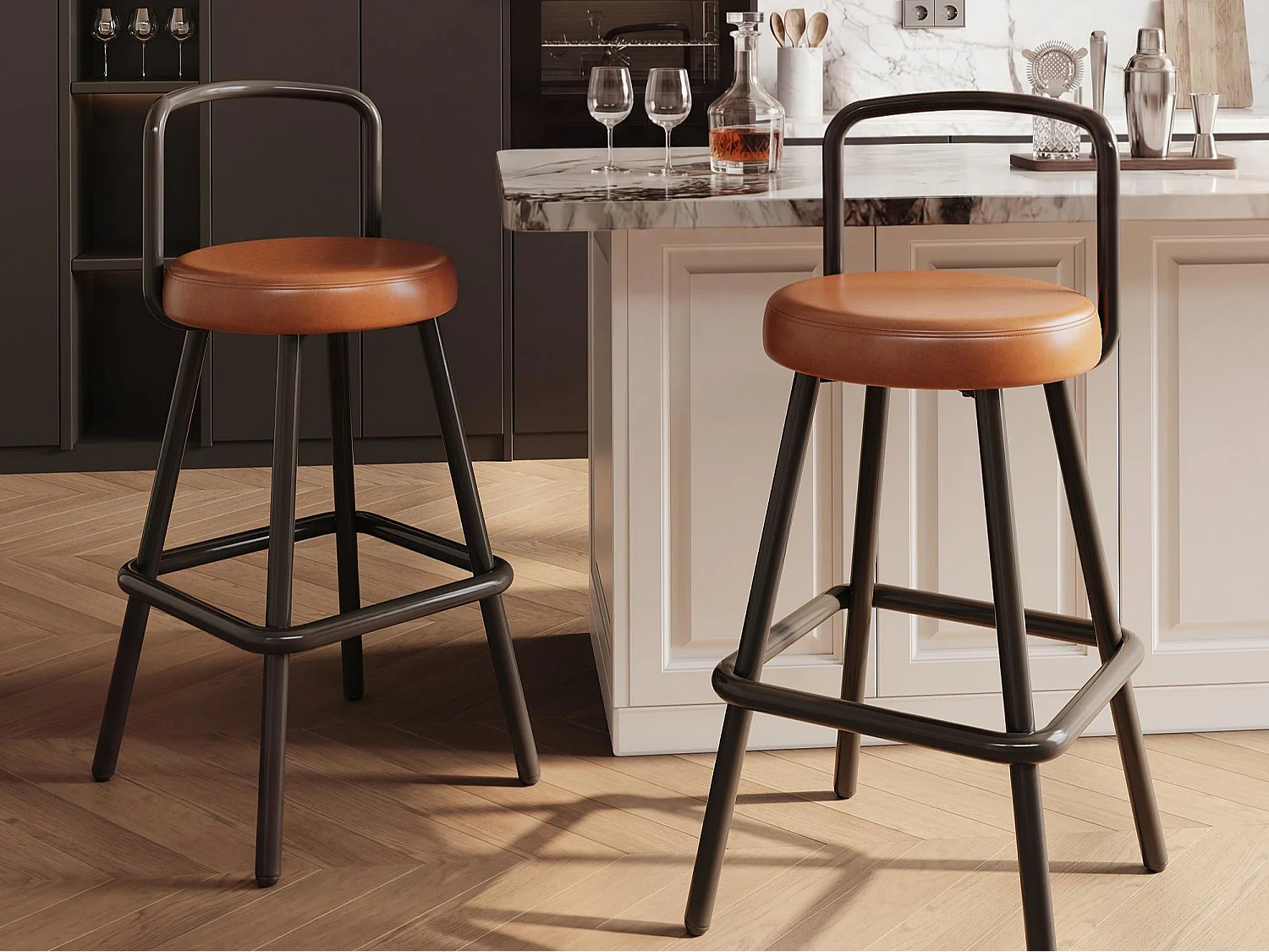 Lot de 2 tabourets de bar rembourrés - cuir PU imperméable - avec dossier et repose-pieds - structure en métal - Style rétro - marron