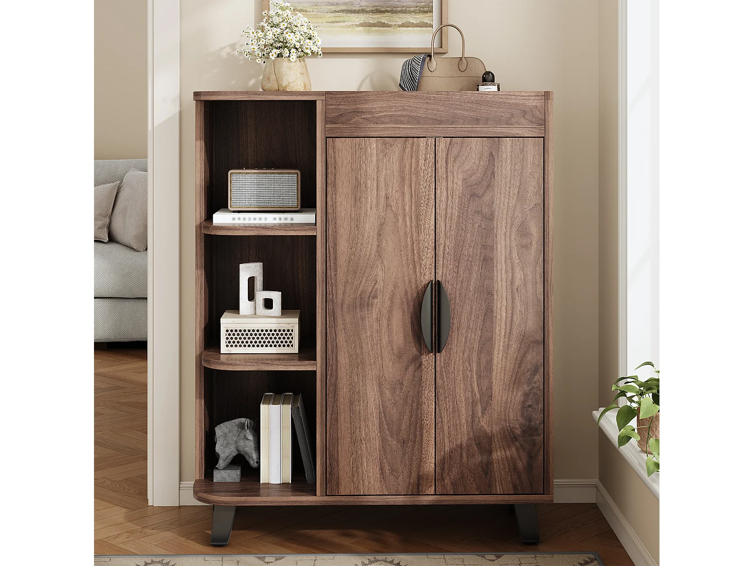 Schuhschrank 80x32x99 cm - Offenes Regal - 2 Türen und oberes Regal - Spanplatten - Braun