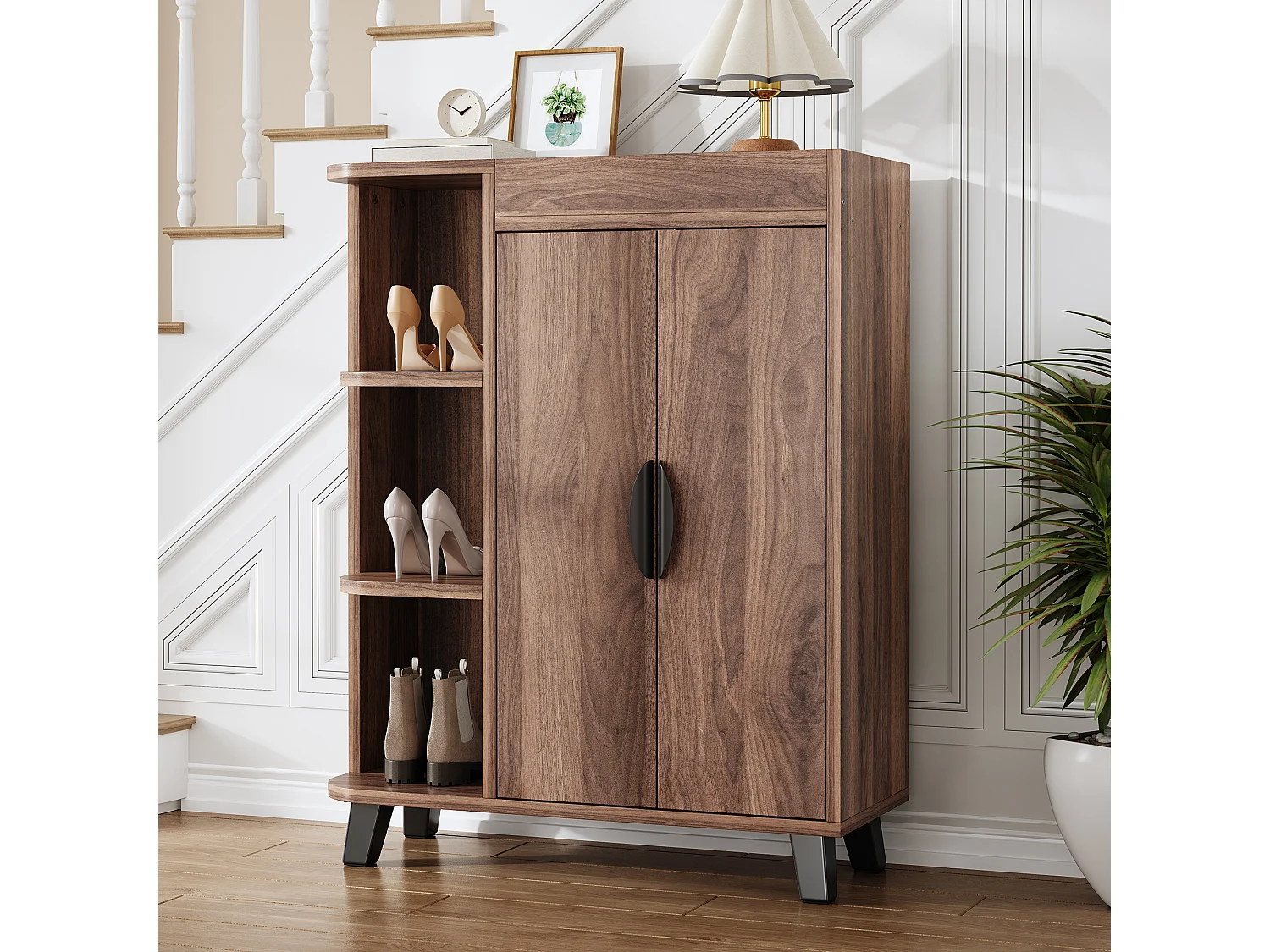 Schuhschrank 80x32x99 cm - Offenes Regal - 2 Türen und oberes Regal - Spanplatten - Braun