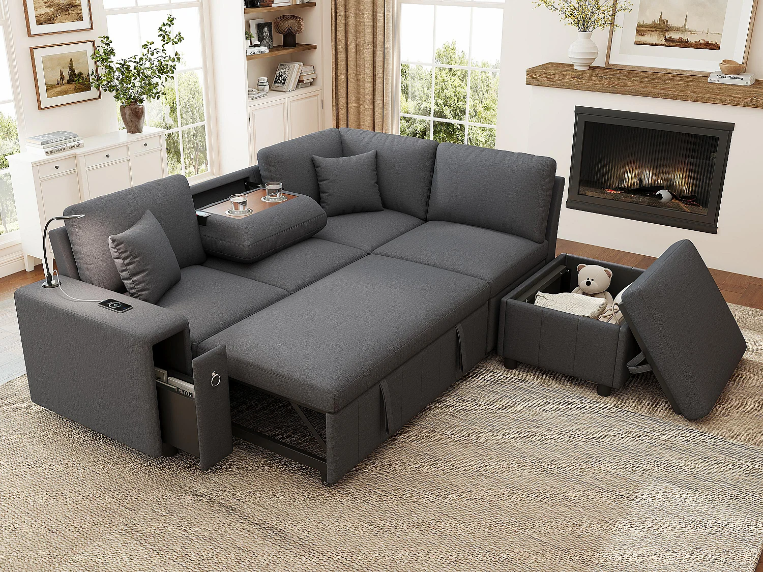 Canapé d'angle en L - 5 places - avec pouf de rangement - avec table basse pliante - avec ports USB et Type-C - avec liseuse - avec 2 coussins - gris