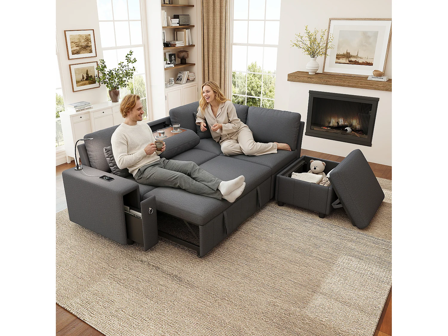 Canapé d'angle en L - 5 places - avec pouf de rangement - avec table basse pliante - avec ports USB et Type-C - avec liseuse - avec 2 coussins - gris