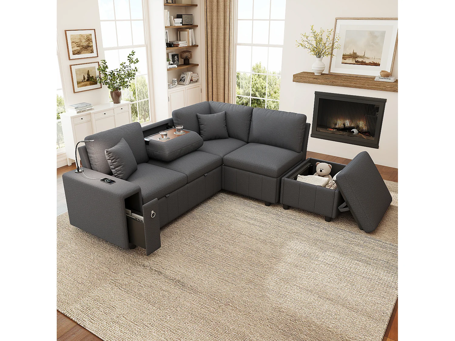 Canapé d'angle en L - 5 places - avec pouf de rangement - avec table basse pliante - avec ports USB et Type-C - avec liseuse - avec 2 coussins - gris