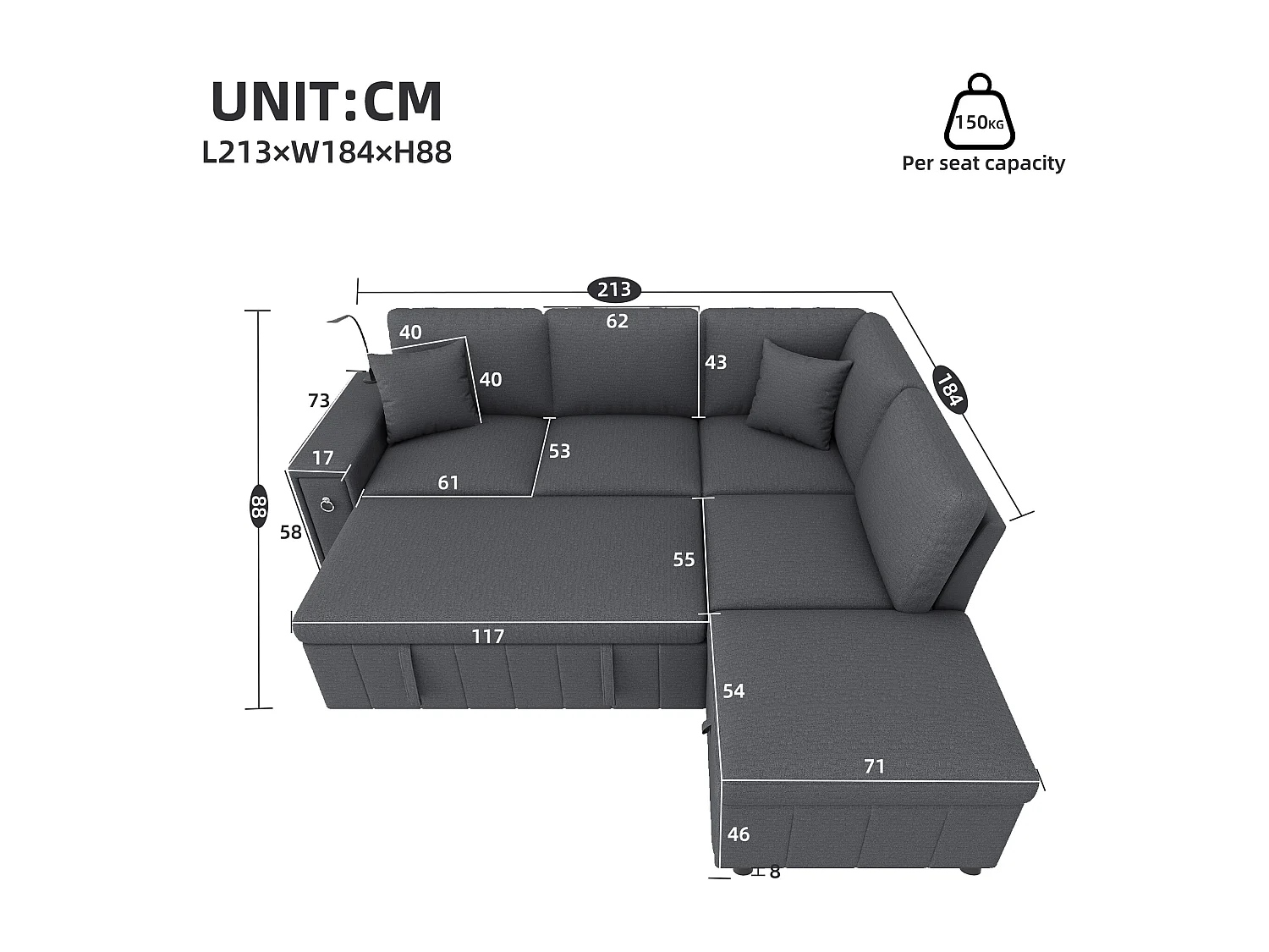 Canapé d'angle en L - 5 places - avec pouf de rangement - avec table basse pliante - avec ports USB et Type-C - avec liseuse - avec 2 coussins - gris