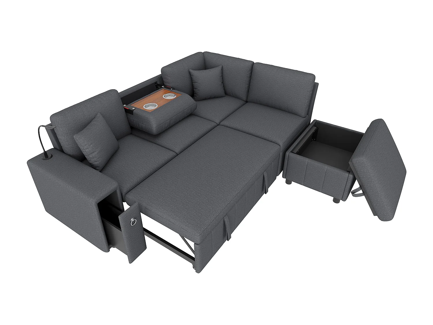 Canapé d'angle en L - 5 places - avec pouf de rangement - avec table basse pliante - avec ports USB et Type-C - avec liseuse - avec 2 coussins - gris