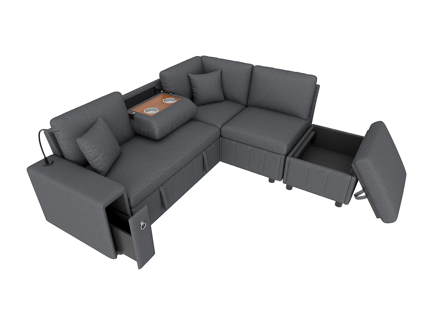 Canapé d'angle en L - 5 places - avec pouf de rangement - avec table basse pliante - avec ports USB et Type-C - avec liseuse - avec 2 coussins - gris