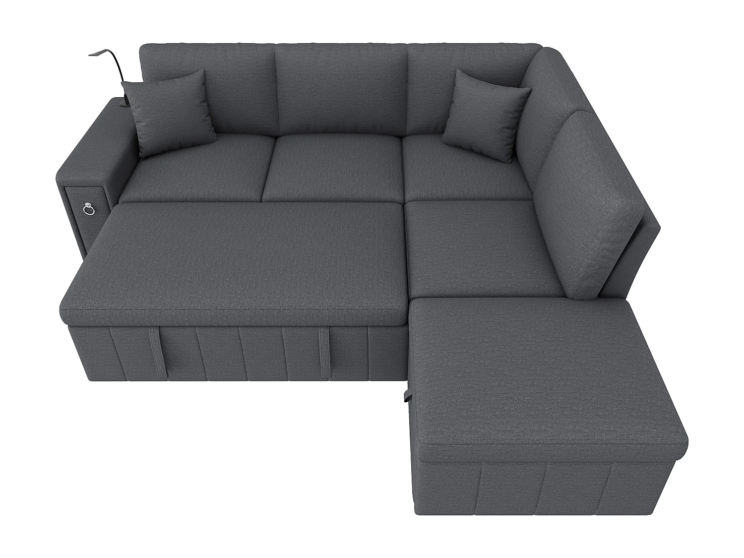 Canapé d'angle en L - 5 places - avec pouf de rangement - avec table basse pliante - avec ports USB et Type-C - avec liseuse - avec 2 coussins - gris