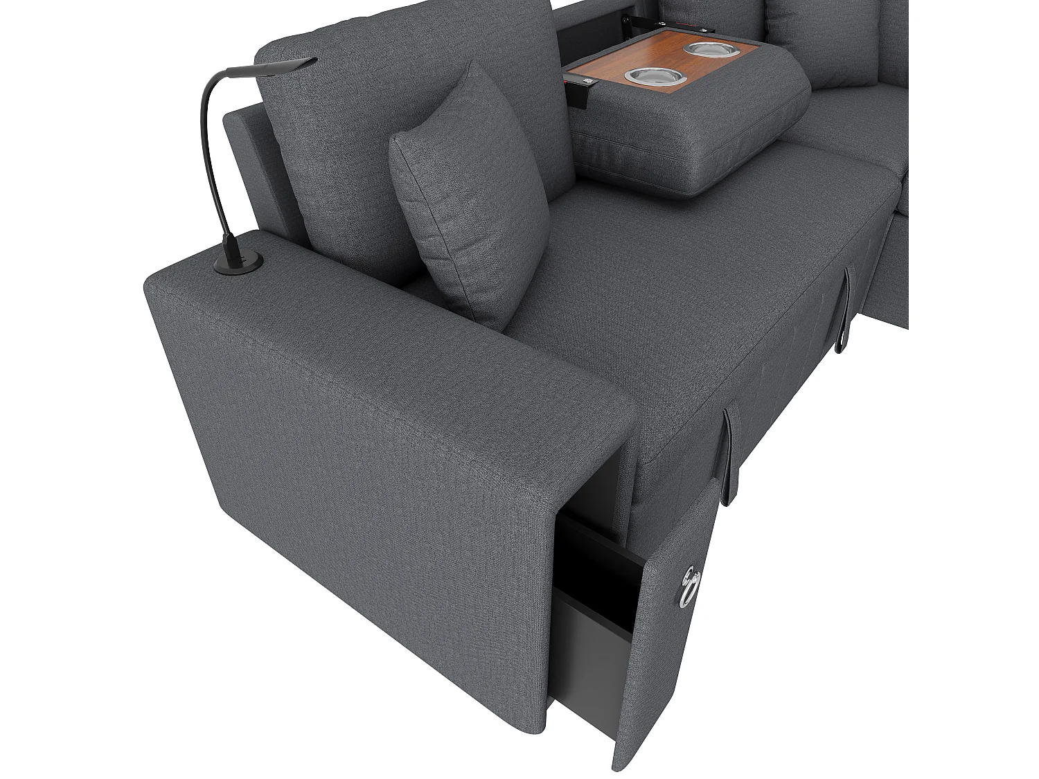 Canapé d'angle en L - 5 places - avec pouf de rangement - avec table basse pliante - avec ports USB et Type-C - avec liseuse - avec 2 coussins - gris