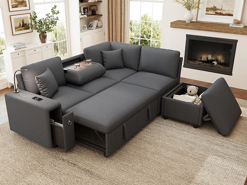 Divano angolare a L - 5 posti - con pouf di riporre - con tavolino da caffè pieghevole - con porte USB e Type-C - con luce da lettura - con 2 cuscini - grigio