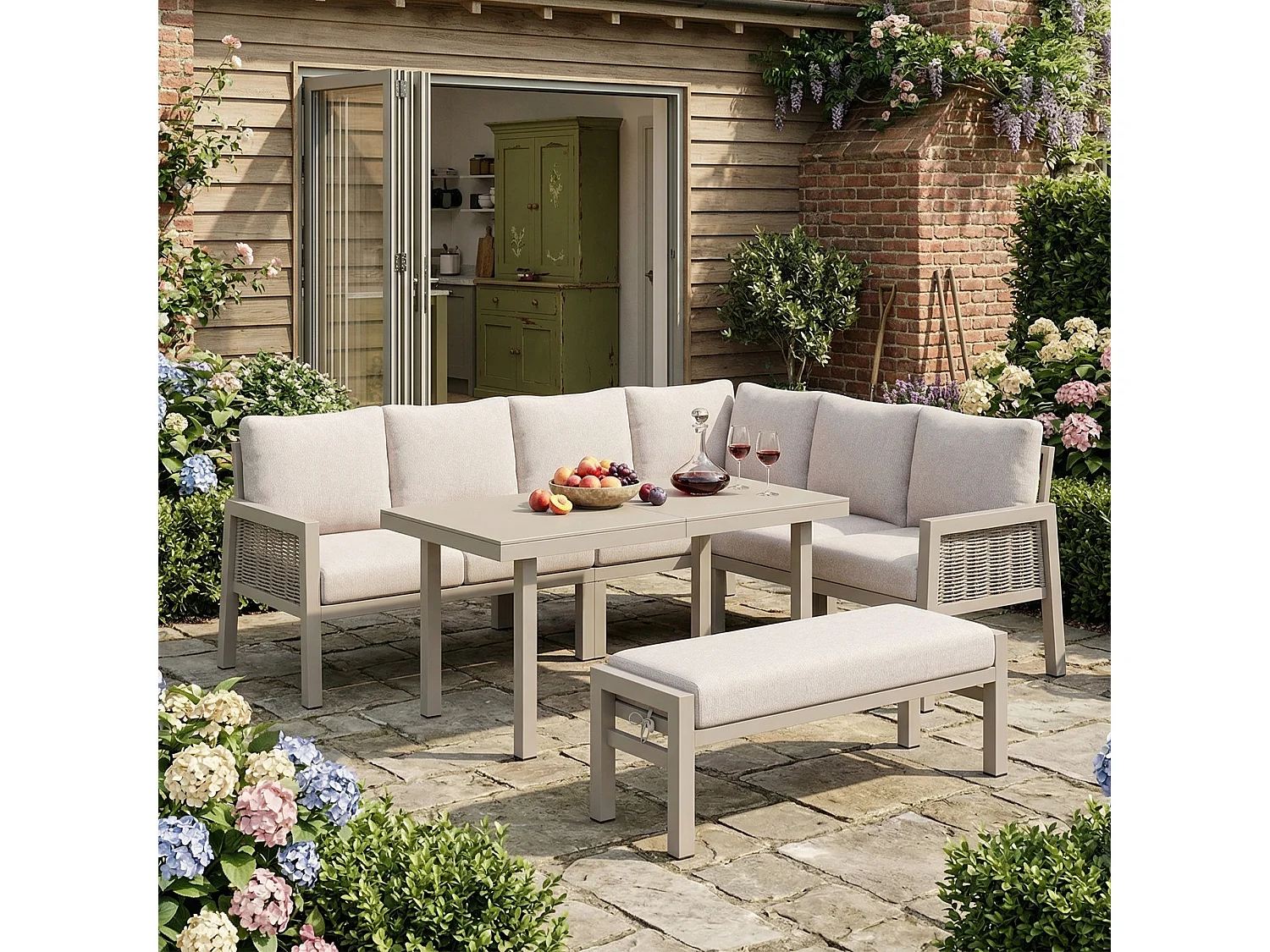 Salon de Jardin XL 8 Places - Ensemble Repas d'Angle avec Grande Table et Banc - Corde Tressée à la Main - Acier Galvanisé et Verre - Khaki