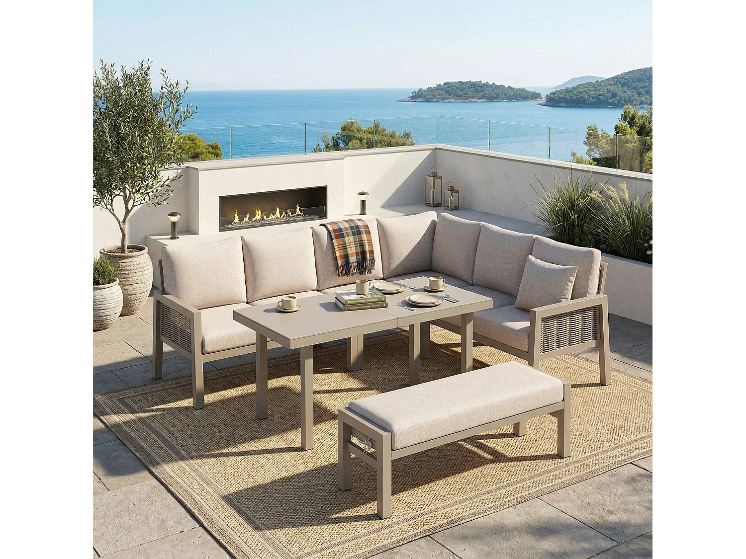 Salon de Jardin XL 8 Places - Ensemble Repas d'Angle avec Grande Table et Banc - Corde Tressée à la Main - Acier Galvanisé et Verre - Khaki