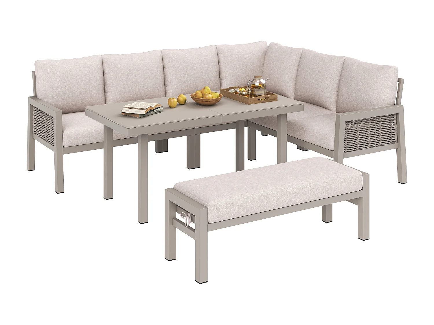 Salon de Jardin XL 8 Places - Ensemble Repas d'Angle avec Grande Table et Banc - Corde Tressée à la Main - Acier Galvanisé et Verre - Khaki