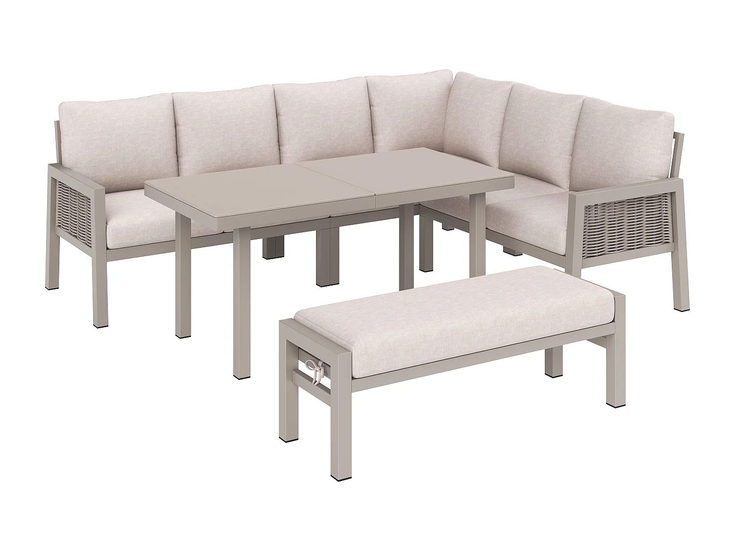 Salon de Jardin XL 8 Places - Ensemble Repas d'Angle avec Grande Table et Banc - Corde Tressée à la Main - Acier Galvanisé et Verre - Khaki