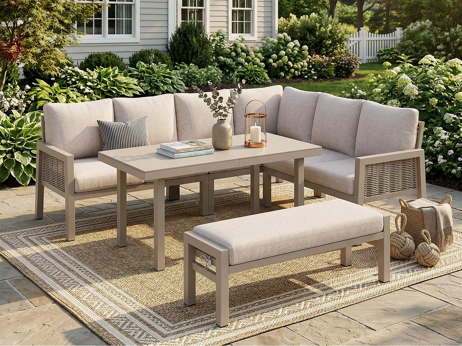 Salon de Jardin XL 8 Places - Ensemble Repas d'Angle avec Grande Table et Banc - Corde Tressée à la Main - Acier Galvanisé et Verre - Khaki