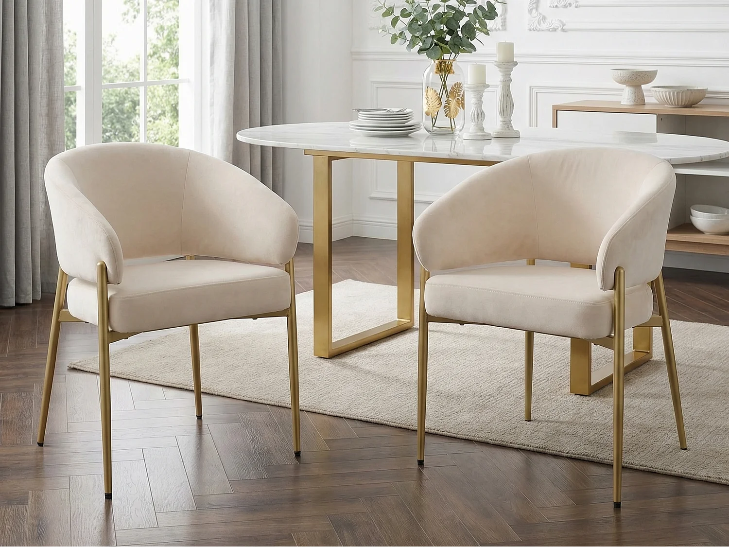 Set di 2 sedie - Stile moderno - Cuscini di seduta imbottiti - Piedi in metallo - Tessuto velluto - Beige