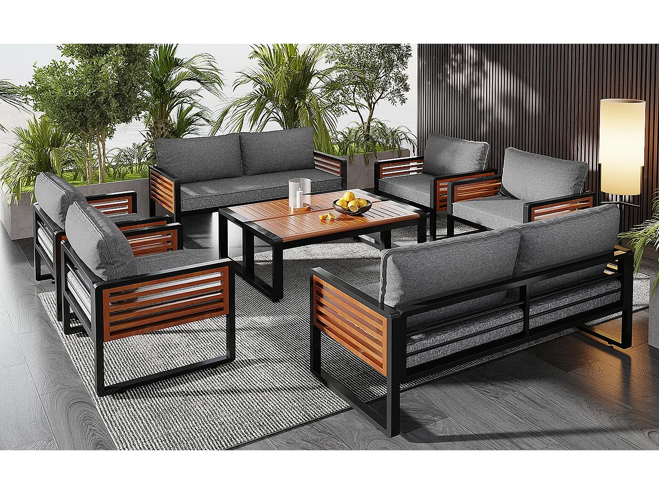 Set di mobili da giardino 8 pezzi - 2 divani due posti, 4 poltrone, 2 tavoli - struttura in ferro zincato - grigio