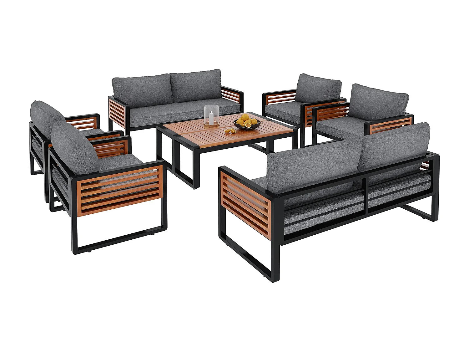 Set di mobili da giardino 8 pezzi - 2 divani due posti, 4 poltrone, 2 tavoli - struttura in ferro zincato - grigio