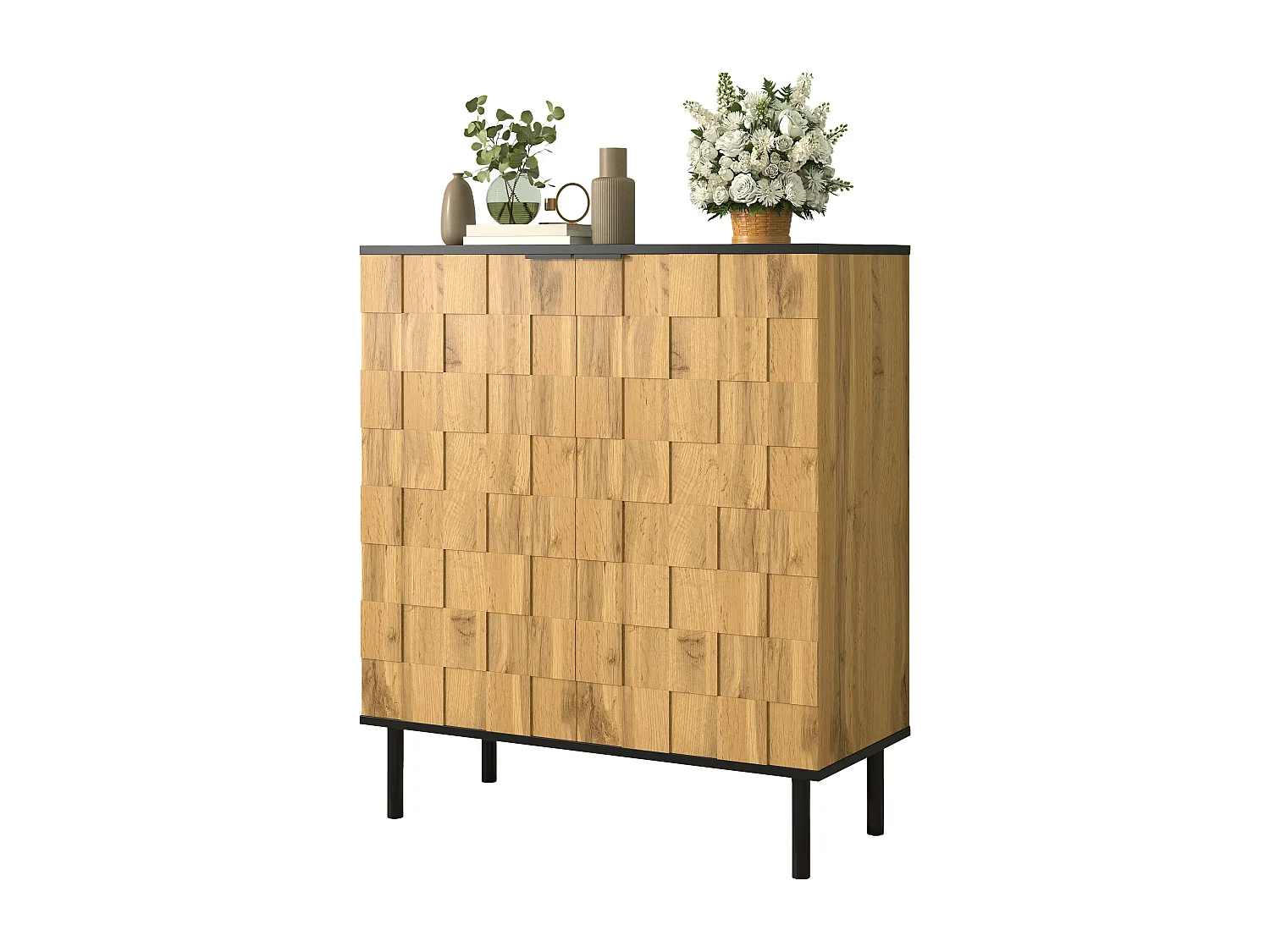 Schuhschrank Mosaik 80x35x91,5 cm - 2 Türen - Außenseite in Holzoptik - Metallfüße - Höhenverstellbare Einlegeböden - Natur