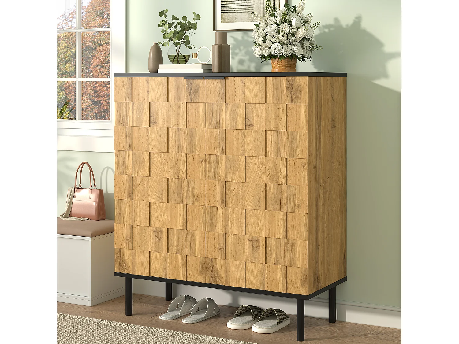 Schuhschrank Mosaik 80x35x91,5 cm - 2 Türen - Außenseite in Holzoptik - Metallfüße - Höhenverstellbare Einlegeböden - Natur