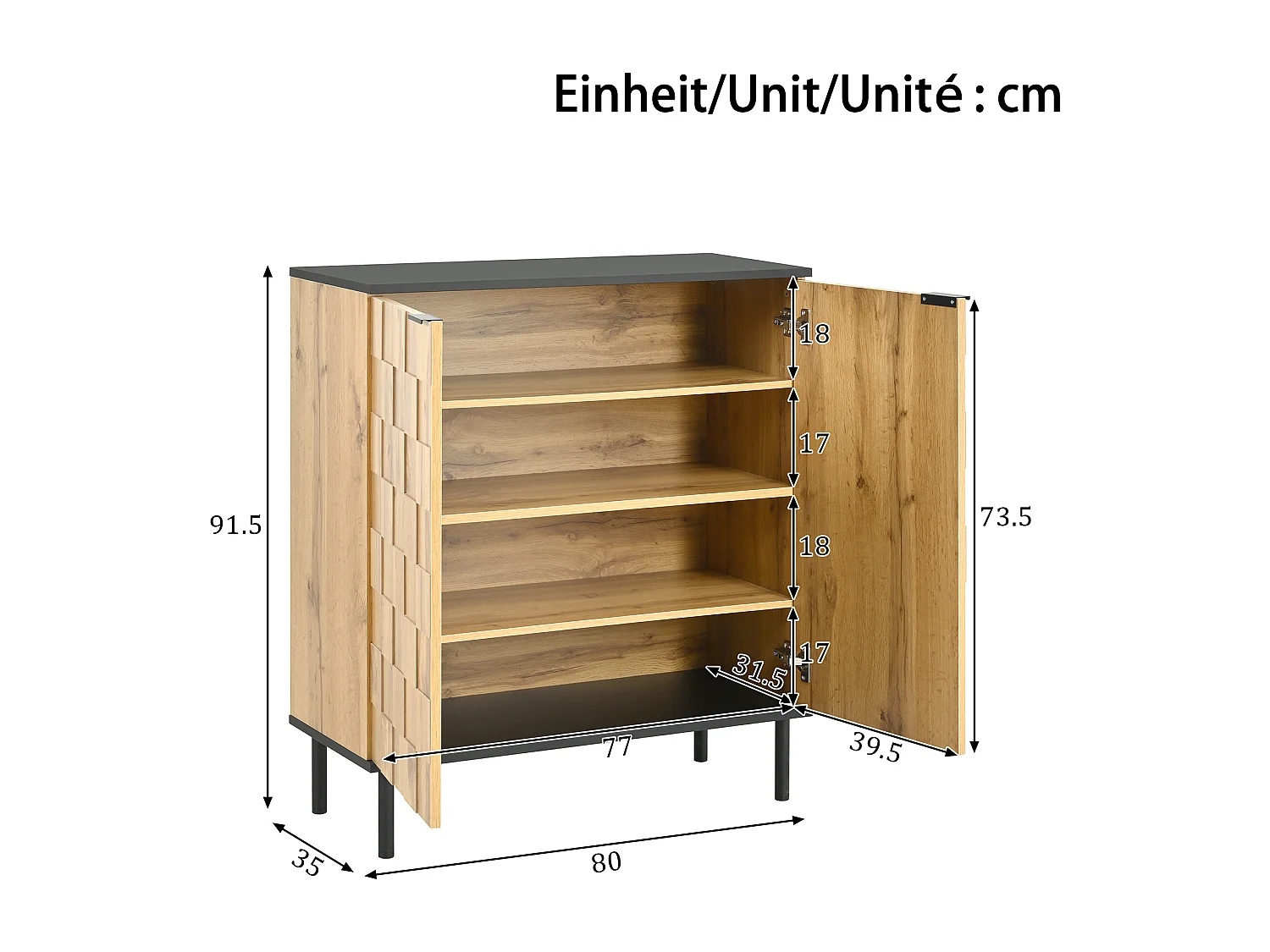 Schuhschrank Mosaik 80x35x91,5 cm - 2 Türen - Außenseite in Holzoptik - Metallfüße - Höhenverstellbare Einlegeböden - Natur