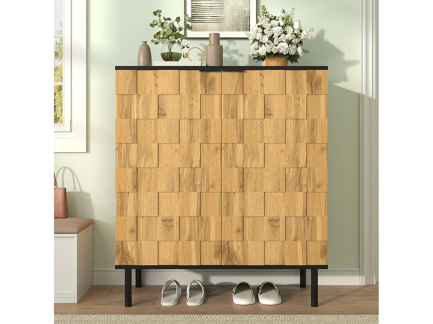 Schuhschrank Mosaik 80x35x91,5 cm - 2 Türen - Außenseite in Holzoptik - Metallfüße - Höhenverstellbare Einlegeböden - Natur