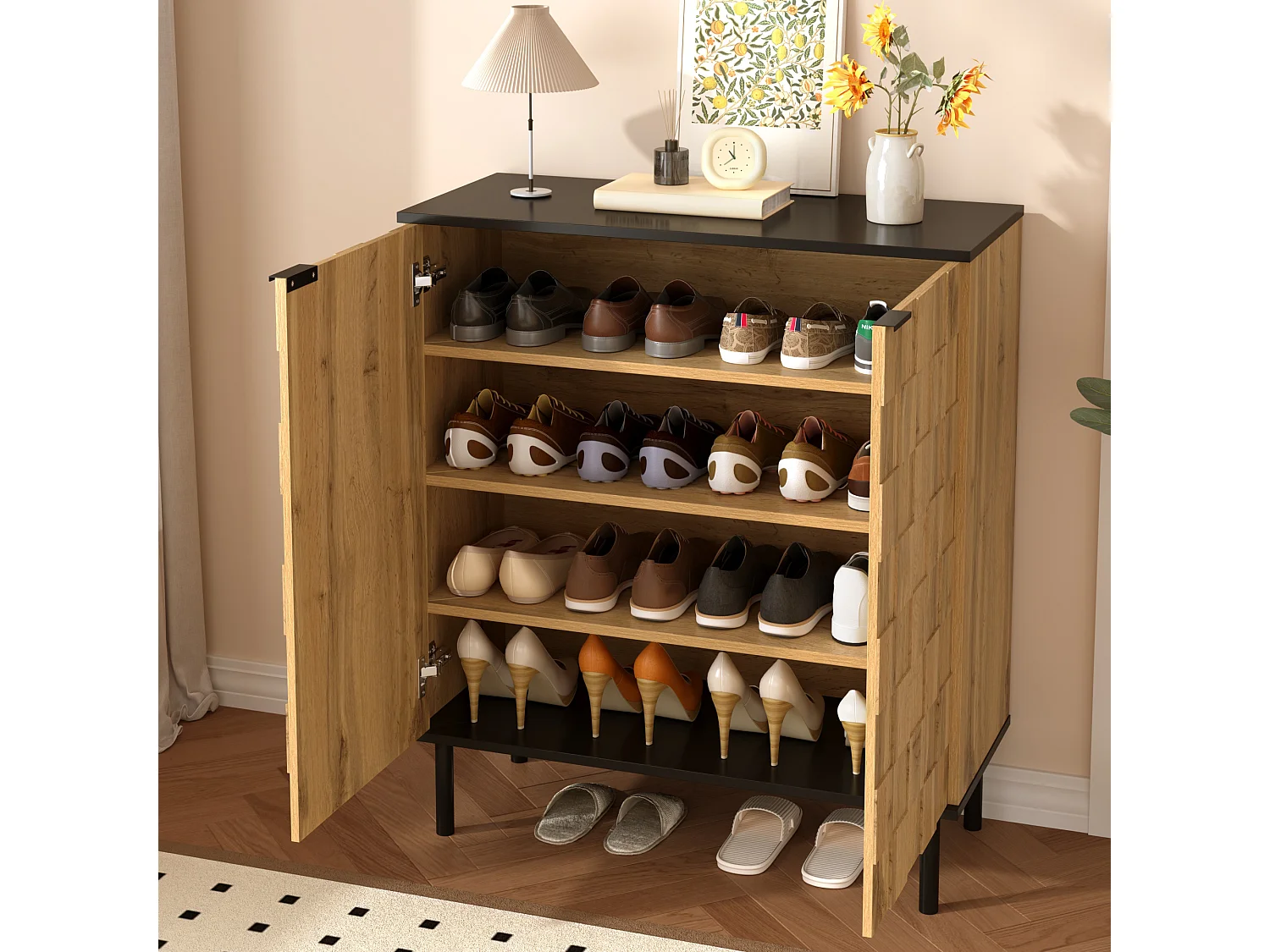 Schuhschrank Mosaik 80x35x91,5 cm - 2 Türen - Außenseite in Holzoptik - Metallfüße - Höhenverstellbare Einlegeböden - Natur