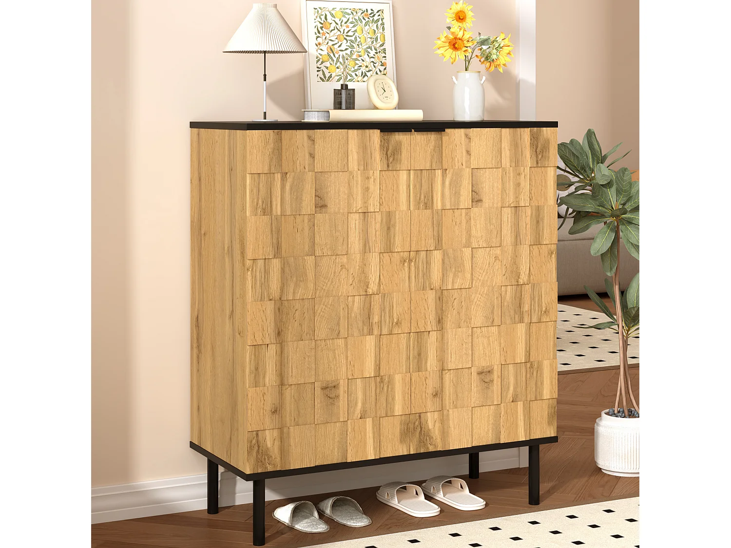 Schuhschrank Mosaik 80x35x91,5 cm - 2 Türen - Außenseite in Holzoptik - Metallfüße - Höhenverstellbare Einlegeböden - Natur