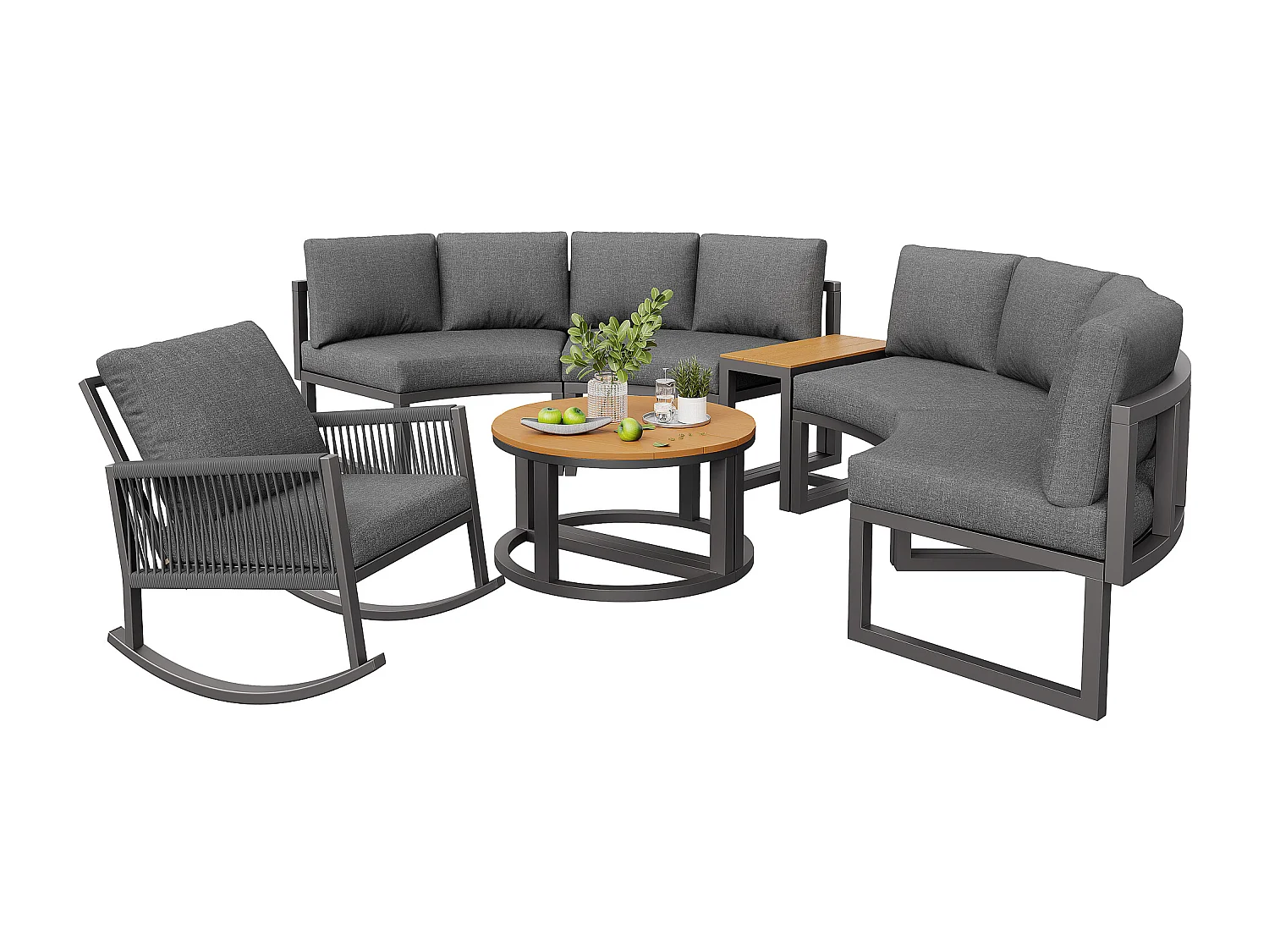 Modułowy Salon Ogrodowy 4-6 Osób z 4 Zaokrąglonymi Kanapami, 1 Fotlem Bujanym i Stolikami - Wytrzymała Konstrukcja Metalowa - Antracyt i Drewno