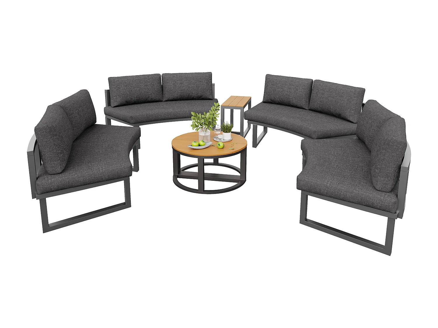 Modułowy Salon Ogrodowy 4-6 Osób z 4 Zaokrąglonymi Kanapami, 1 Fotlem Bujanym i Stolikami - Wytrzymała Konstrukcja Metalowa - Antracyt i Drewno