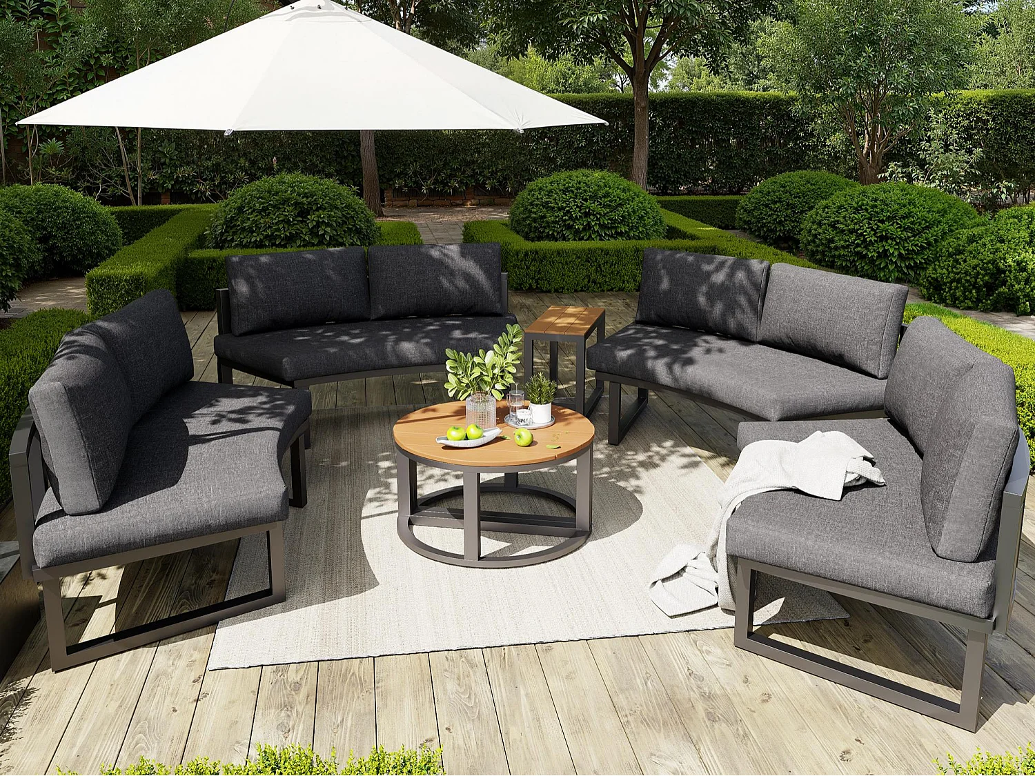 Modułowy Salon Ogrodowy 4-6 Osób z 4 Zaokrąglonymi Kanapami, 1 Fotlem Bujanym i Stolikami - Wytrzymała Konstrukcja Metalowa - Antracyt i Drewno