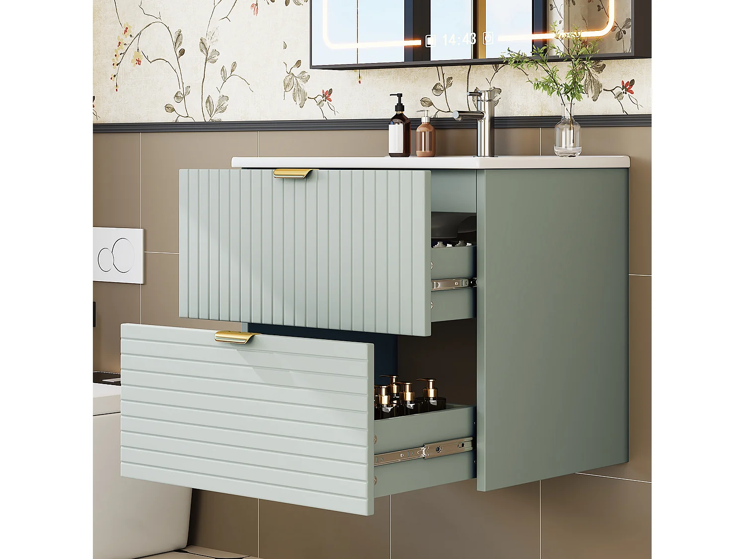 Meuble simple vasque en céramique mural - 61 x 46 x 57 cm - finition laquée - avec 2 tiroir - céramique + MDF - vert