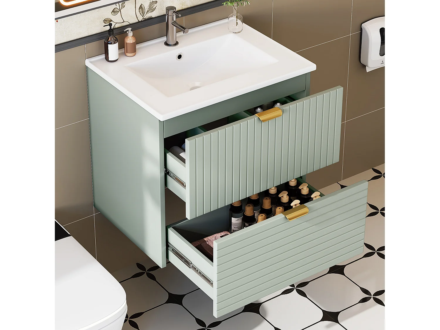 Meuble simple vasque en céramique mural - 61 x 46 x 57 cm - finition laquée - avec 2 tiroir - céramique + MDF - vert