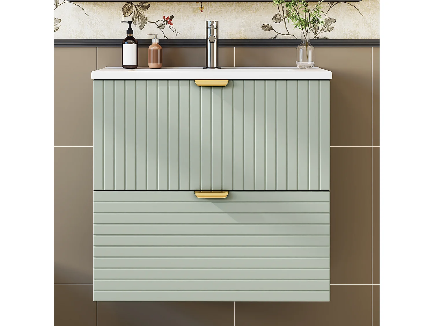 Meuble simple vasque en céramique mural - 61 x 46 x 57 cm - finition laquée - avec 2 tiroir - céramique + MDF - vert