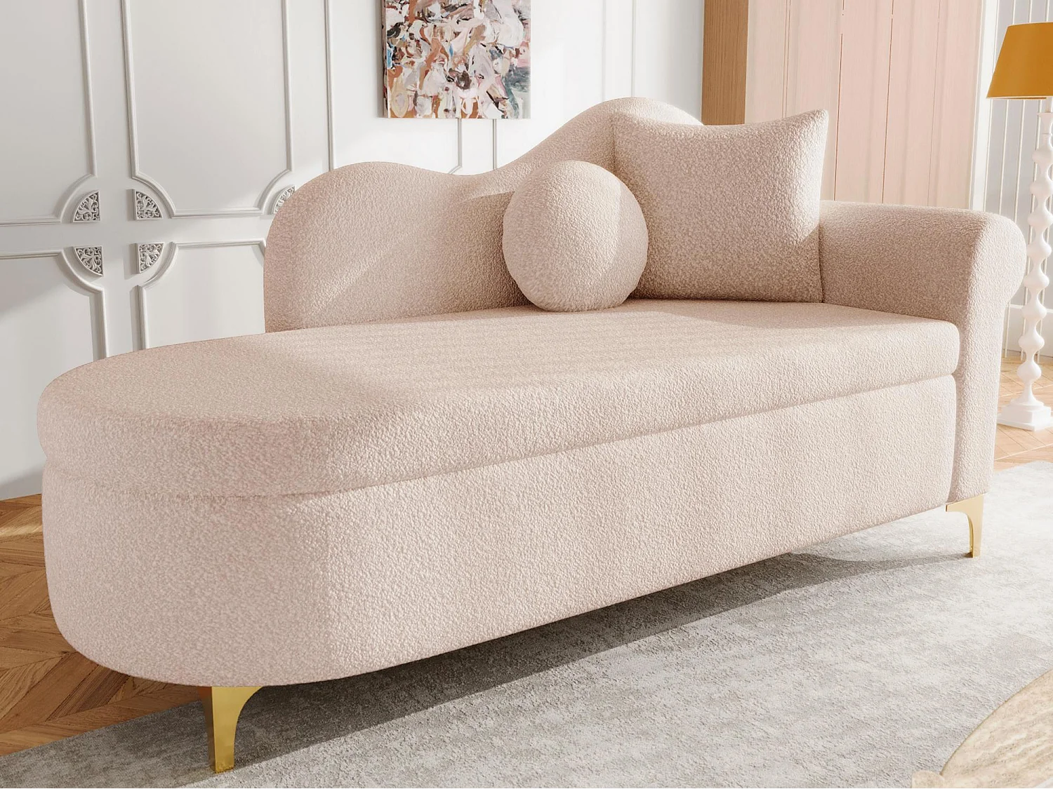 Canapé 1 place - Méridienne de rangement 134 cm - Dossier ondulé - Tissu polaire effet peluche - Coussin d'assise - Rose