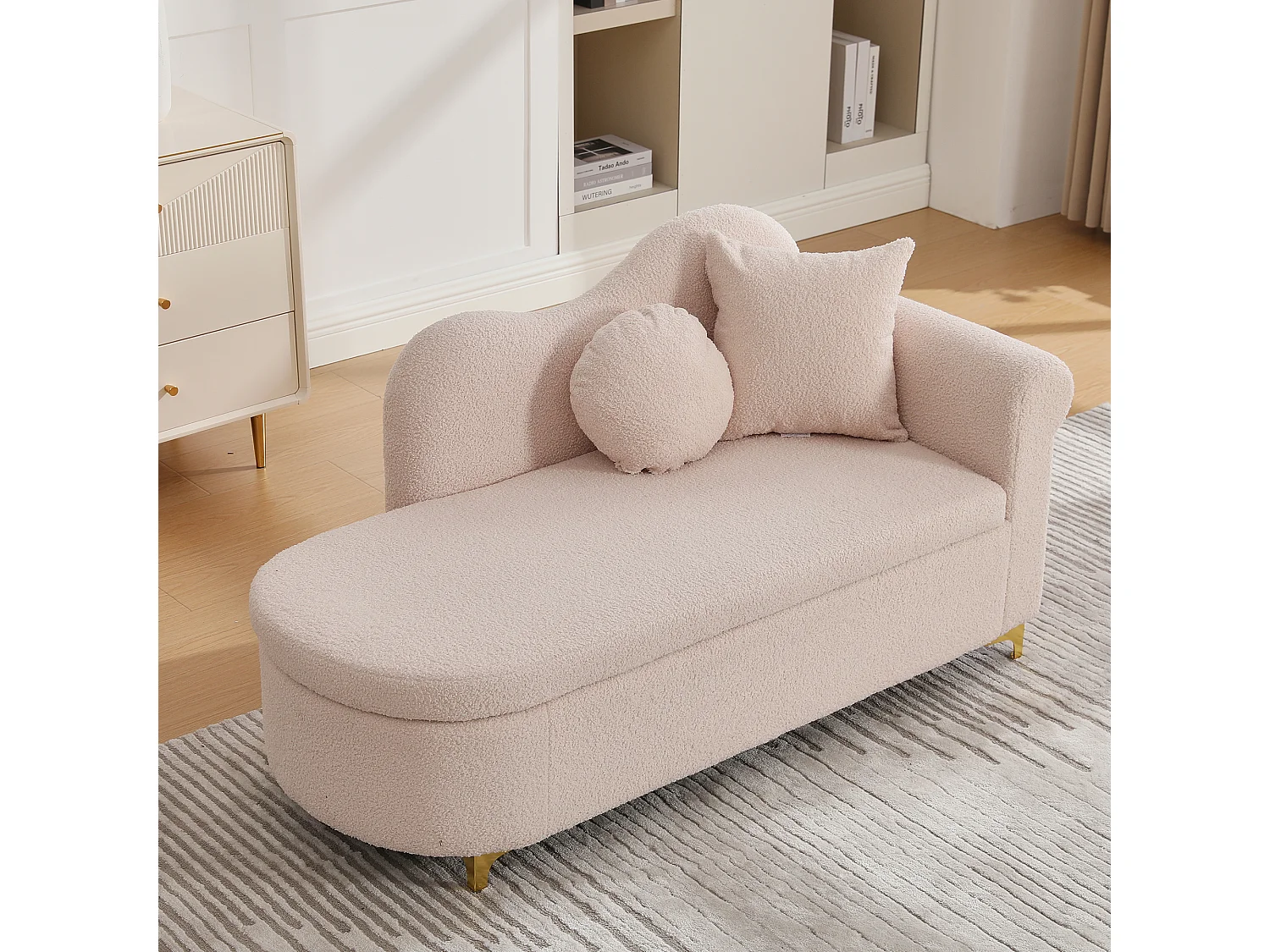 Canapé 1 place - Méridienne de rangement 134 cm - Dossier ondulé - Tissu polaire effet peluche - Coussin d'assise - Rose