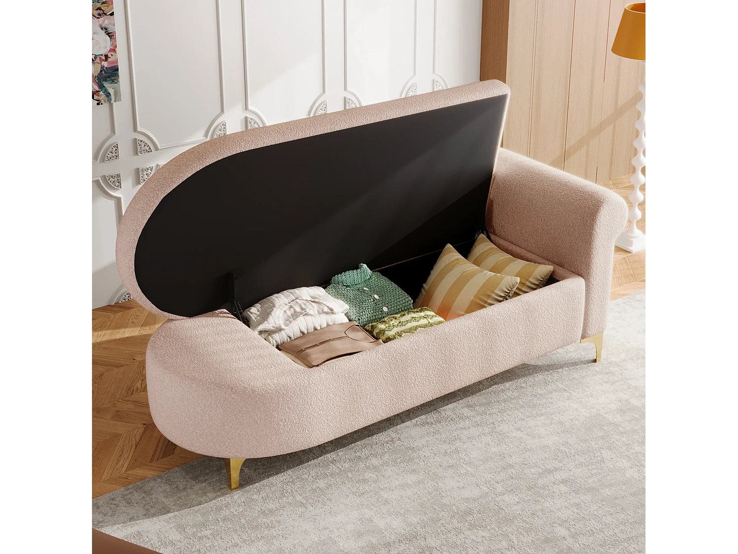 Canapé 1 place - Méridienne de rangement 134 cm - Dossier ondulé - Tissu polaire effet peluche - Coussin d'assise - Rose