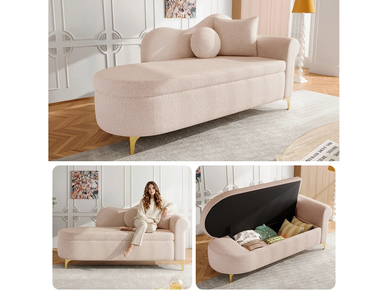 Canapé 1 place - Méridienne de rangement 134 cm - Dossier ondulé - Tissu polaire effet peluche - Coussin d'assise - Rose