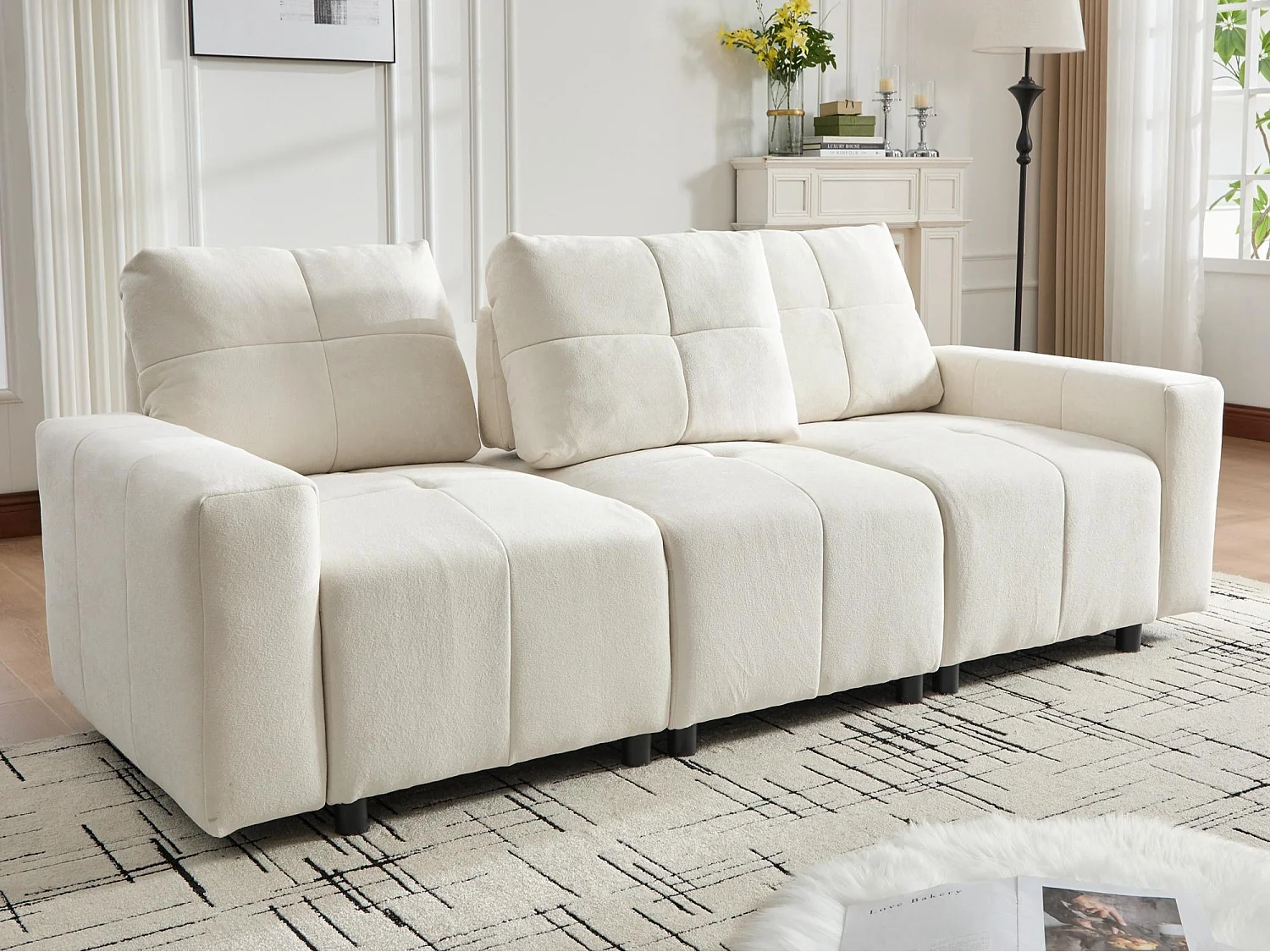 Canapé 3 places - Fonction couchage - Dossier réglable - Structure en bois massif - Tissu chenille - Blanc cassé