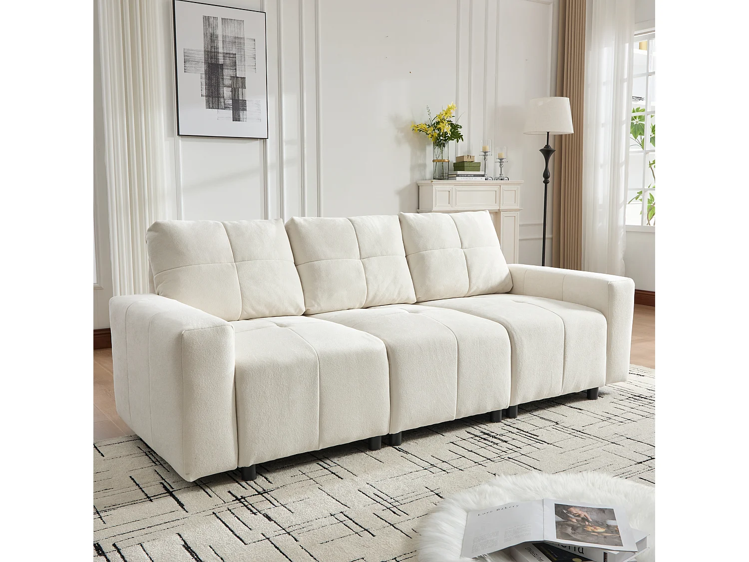 Canapé 3 places - Fonction couchage - Dossier réglable - Structure en bois massif - Tissu chenille - Blanc cassé