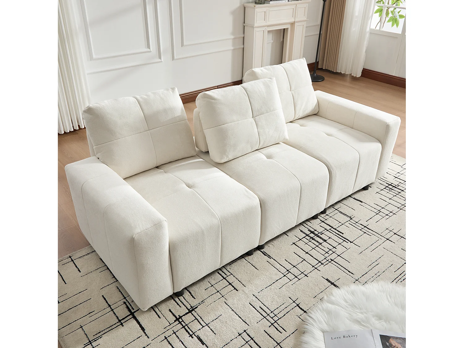 Canapé 3 places - Fonction couchage - Dossier réglable - Structure en bois massif - Tissu chenille - Blanc cassé