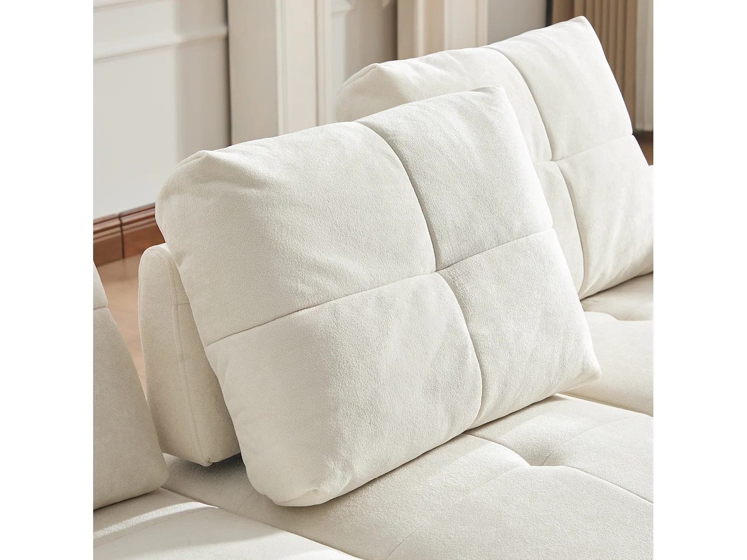 Canapé 3 places - Fonction couchage - Dossier réglable - Structure en bois massif - Tissu chenille - Blanc cassé