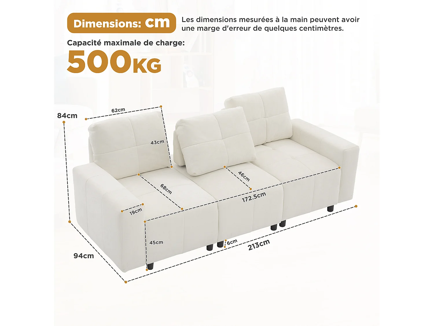 Canapé 3 places - Fonction couchage - Dossier réglable - Structure en bois massif - Tissu chenille - Blanc cassé