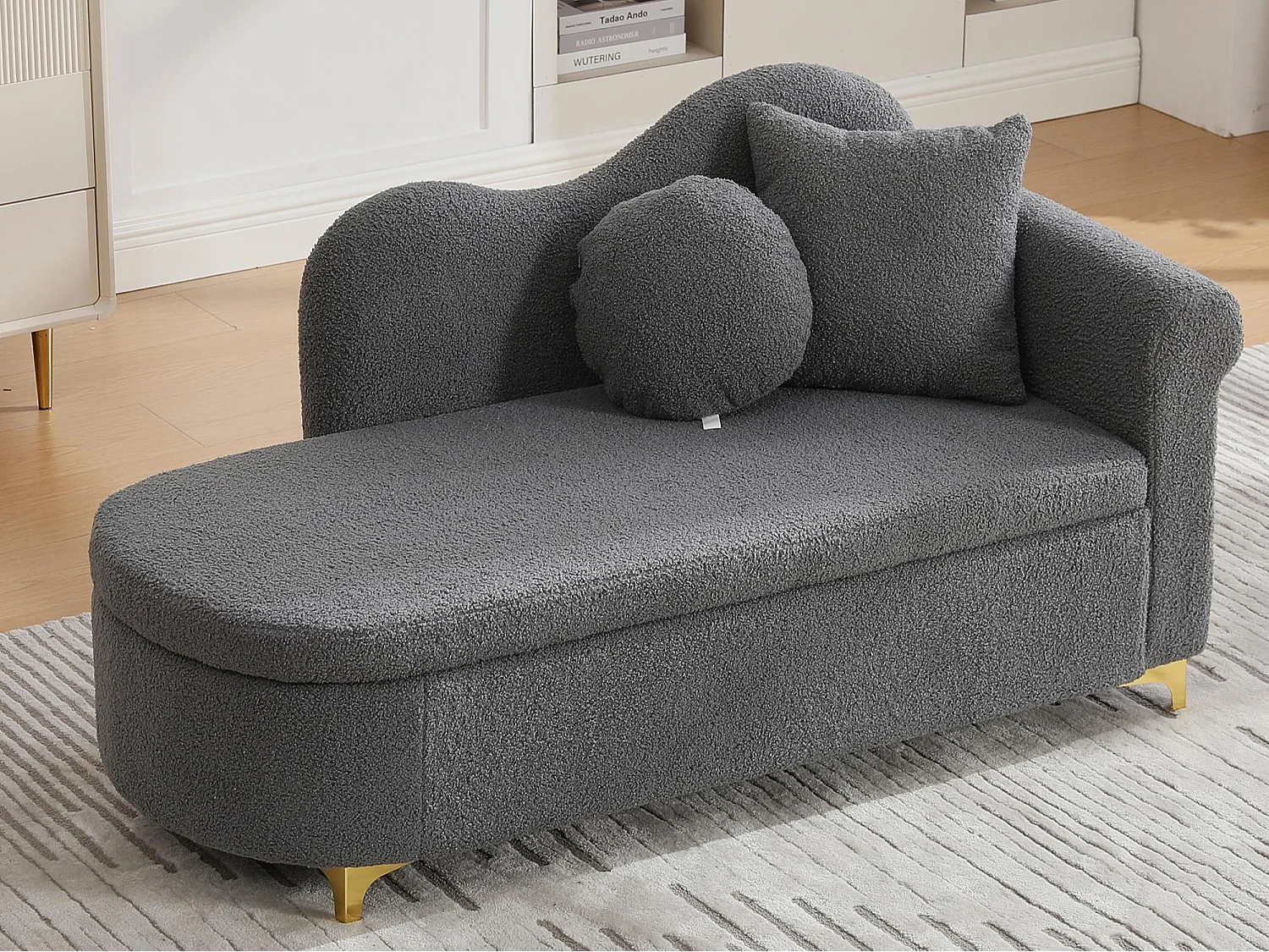 Canapé 1 place - Méridienne de rangement 134 cm - Dossier ondulé - Tissu polaire effet peluche - Coussin d'assise - Gris