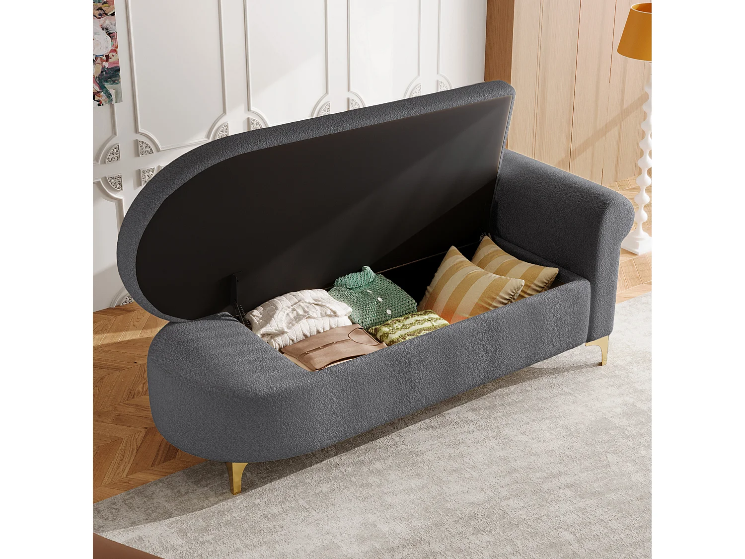 Canapé 1 place - Méridienne de rangement 134 cm - Dossier ondulé - Tissu polaire effet peluche - Coussin d'assise - Gris