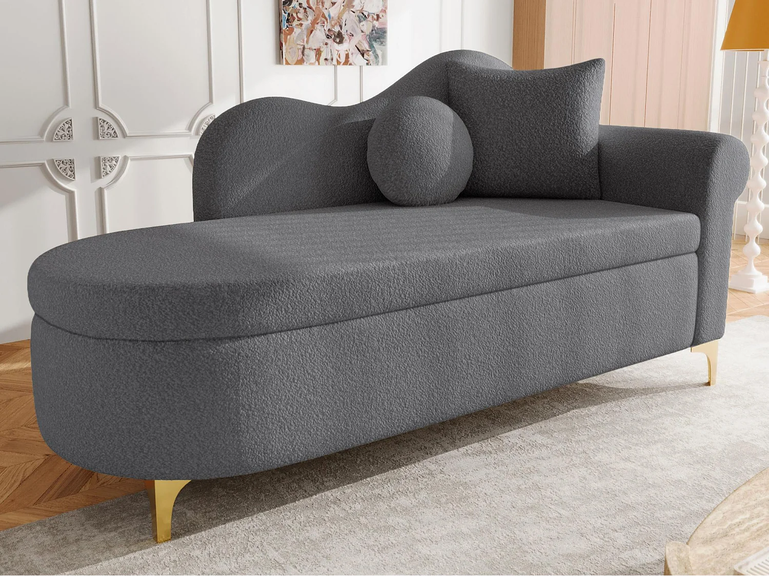 Canapé 1 place - Méridienne de rangement 134 cm - Dossier ondulé - Tissu polaire effet peluche - Coussin d'assise - Gris